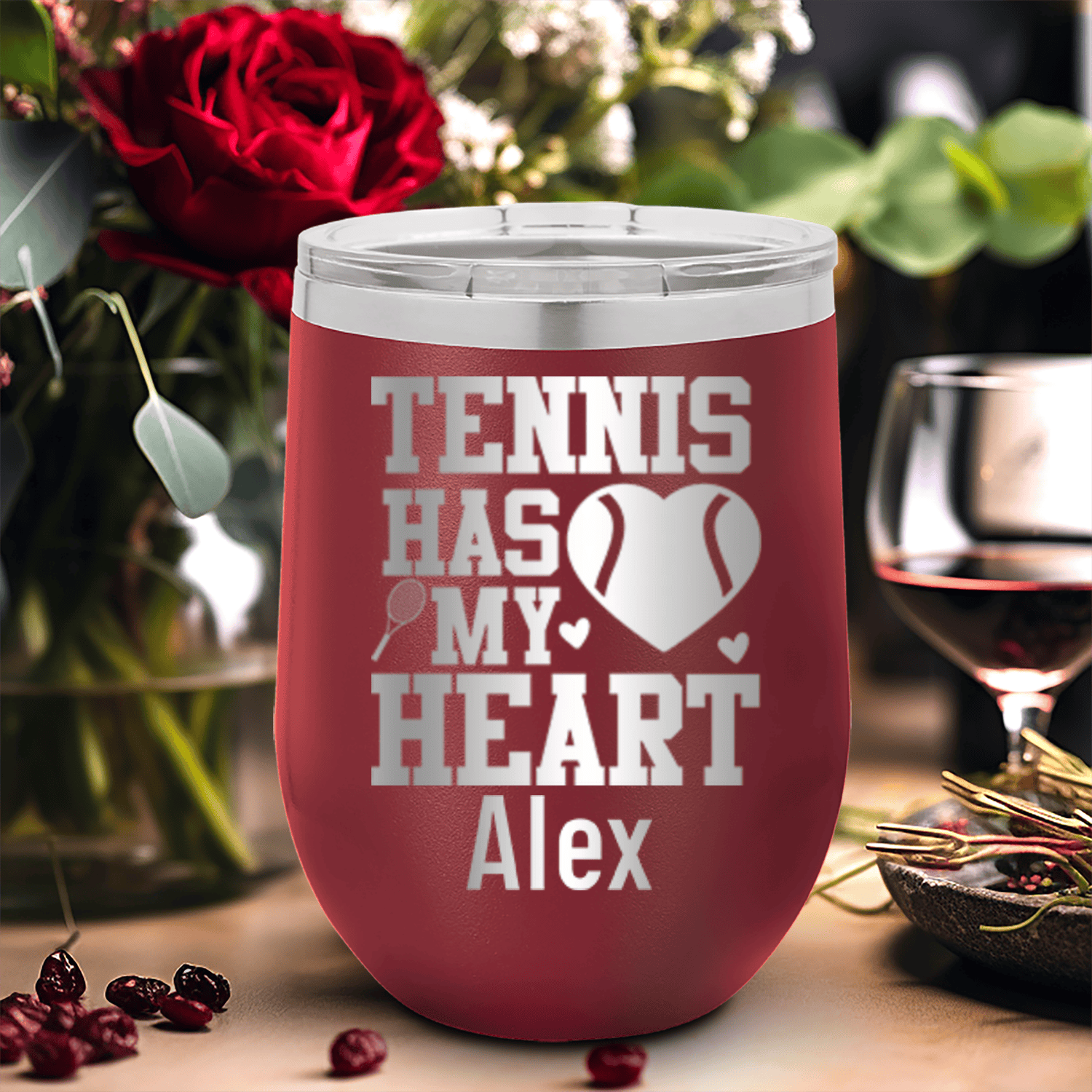 Maroon Tennis For Her Wine Tumbler With Tennis Has My Heart Design