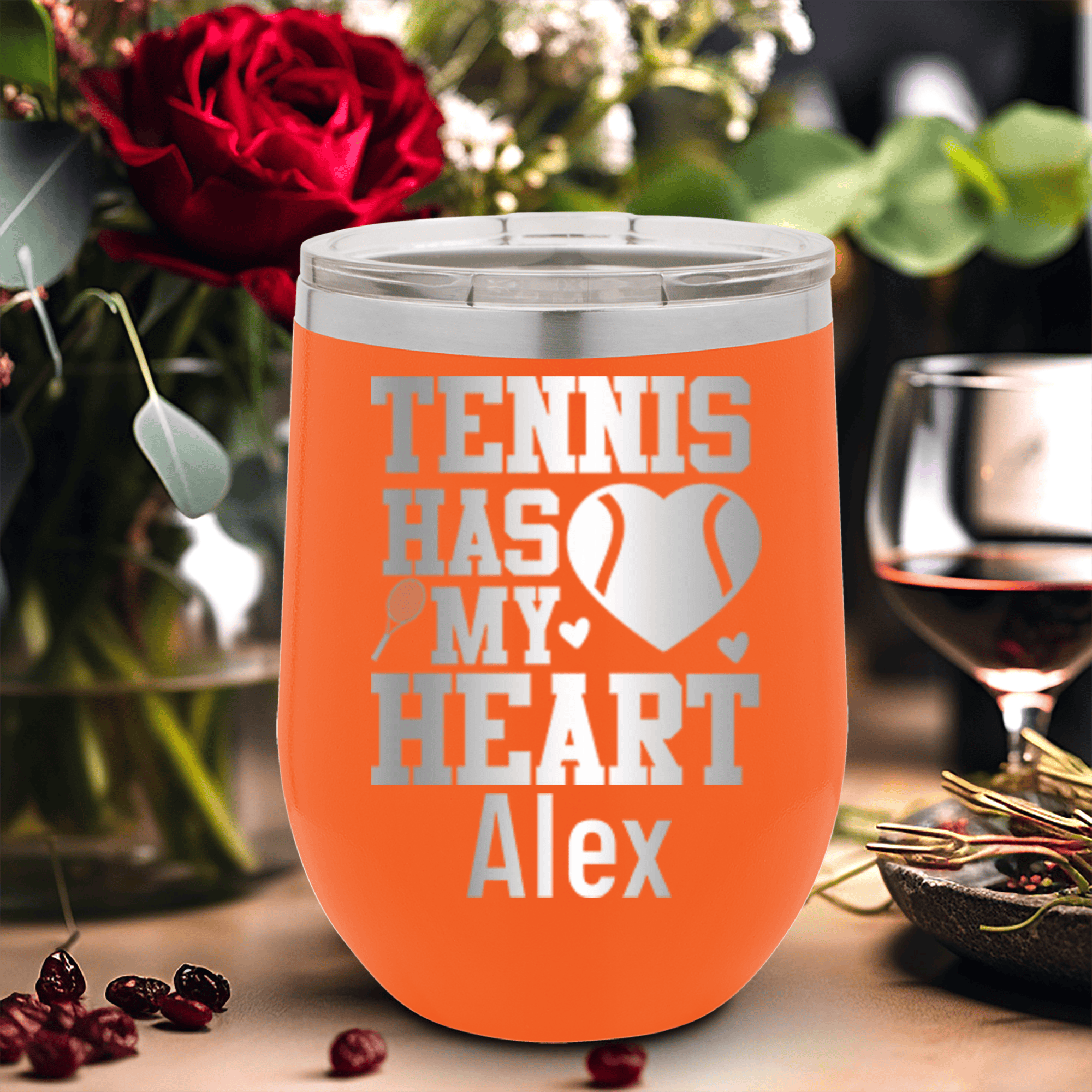 Orange Tennis For Her Wine Tumbler With Tennis Has My Heart Design