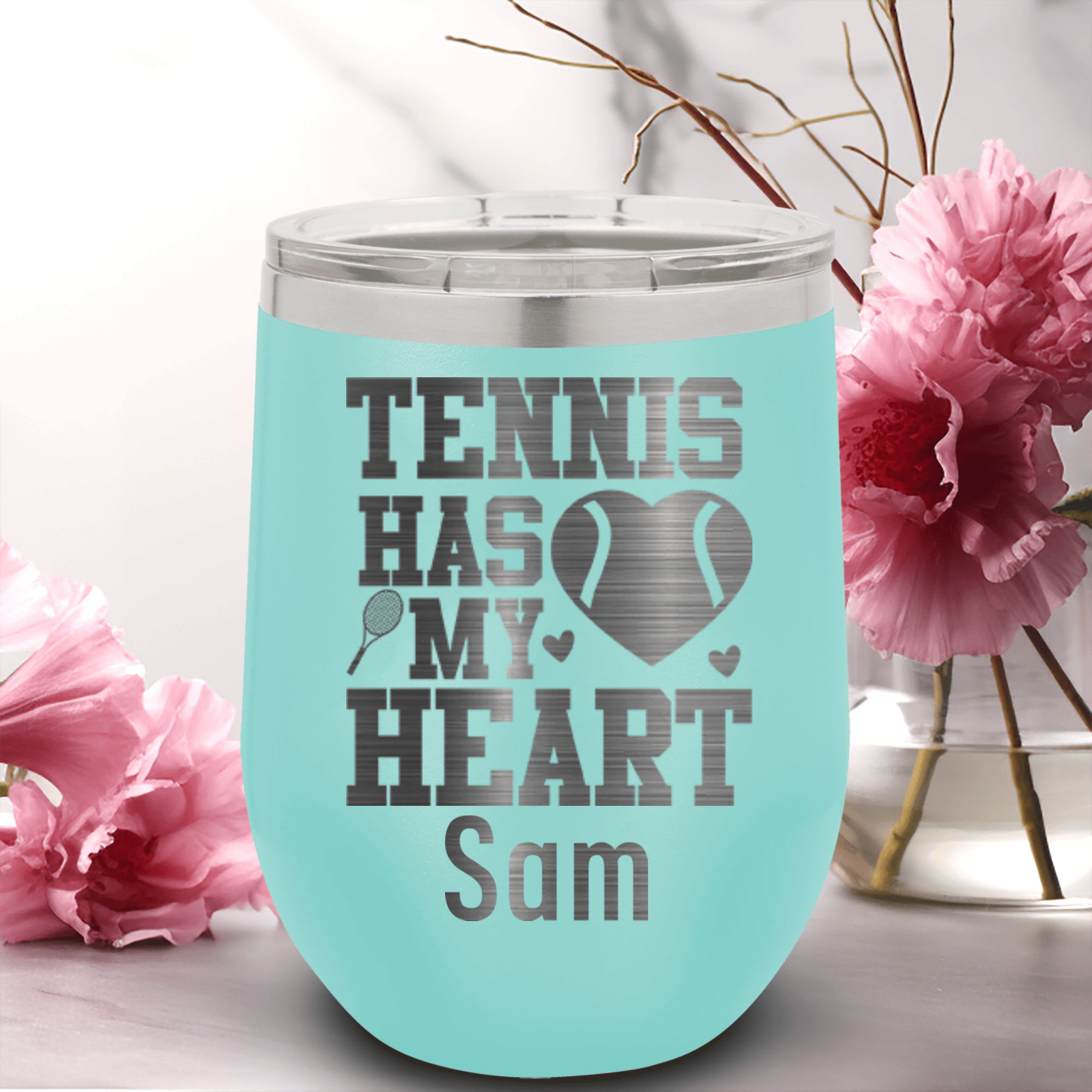 Teal Tennis For Her Wine Tumbler With Tennis Has My Heart Design