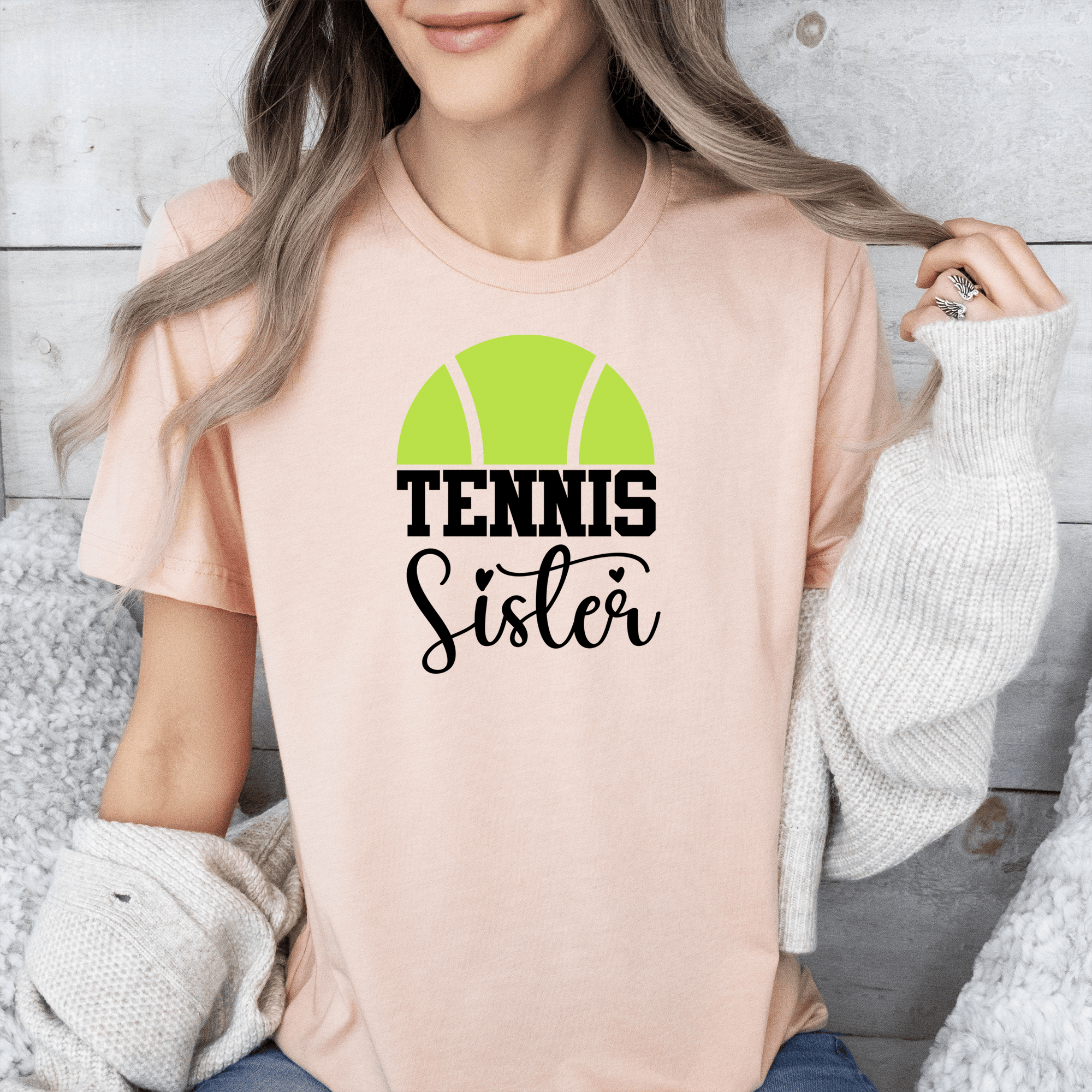 Womens Heather Peach T Shirt with Tennis-Sister design