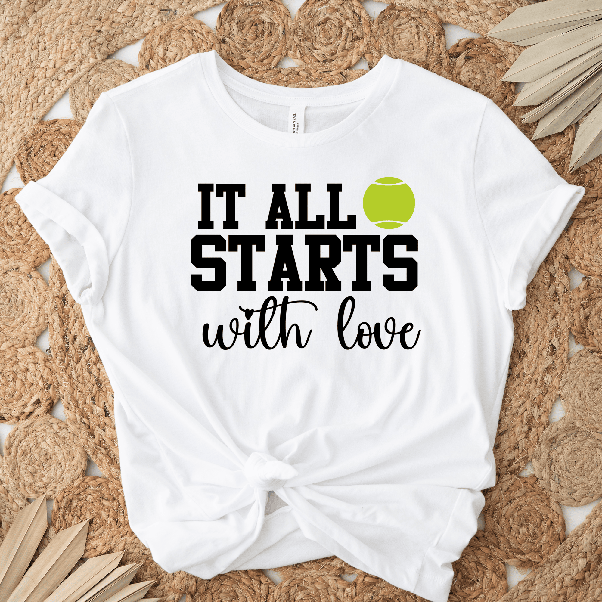 Womens White T Shirt with Tennis-Starts-With-Love design