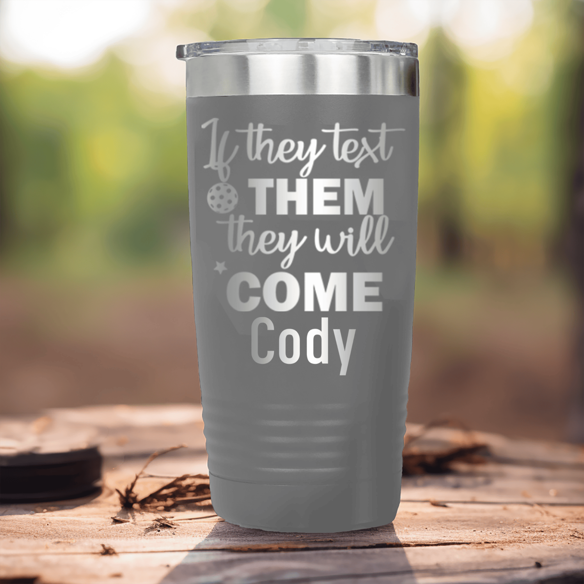 Grey Pickleball Tumbler With Text Pickle Design