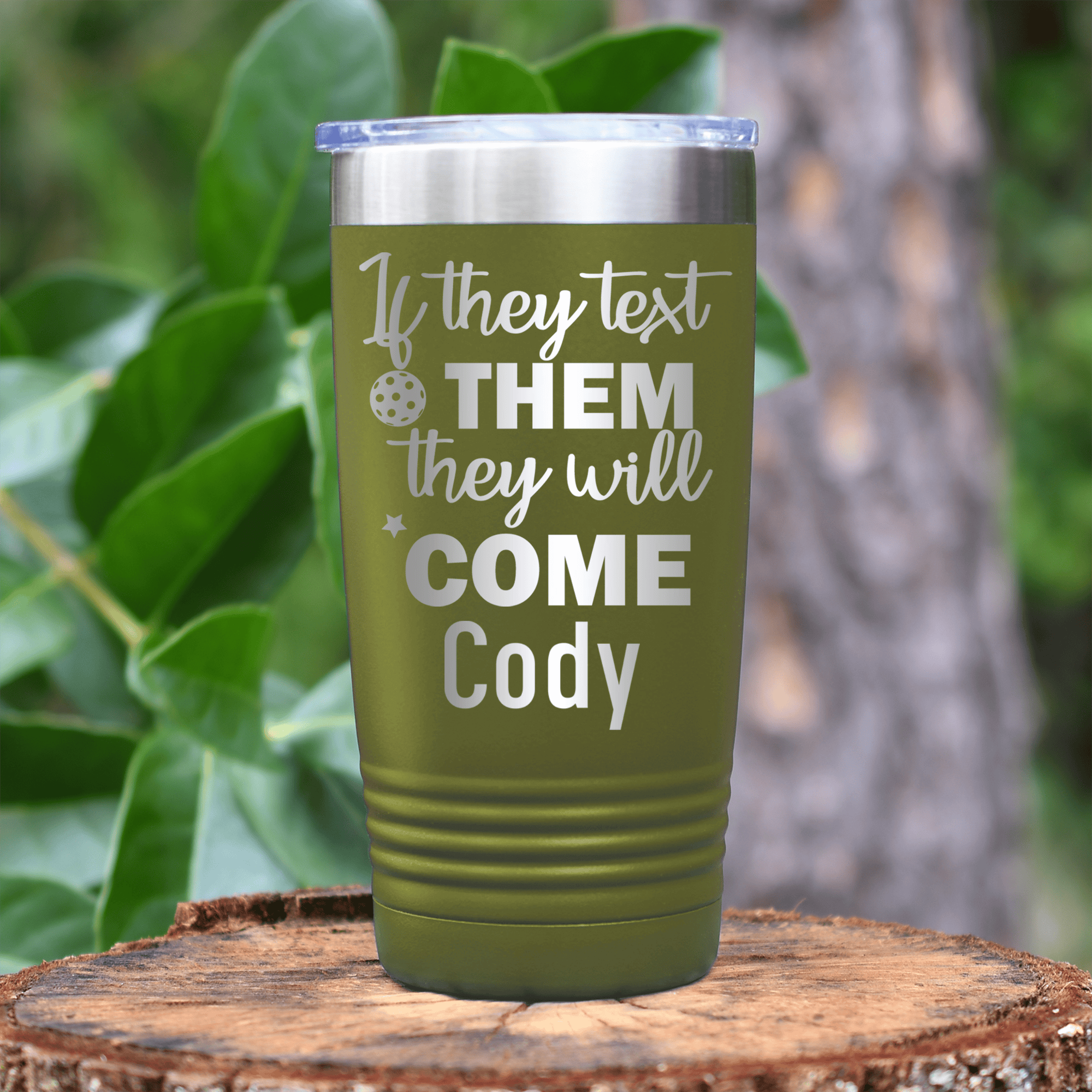 Military Green Pickleball Tumbler With Text Pickle Design