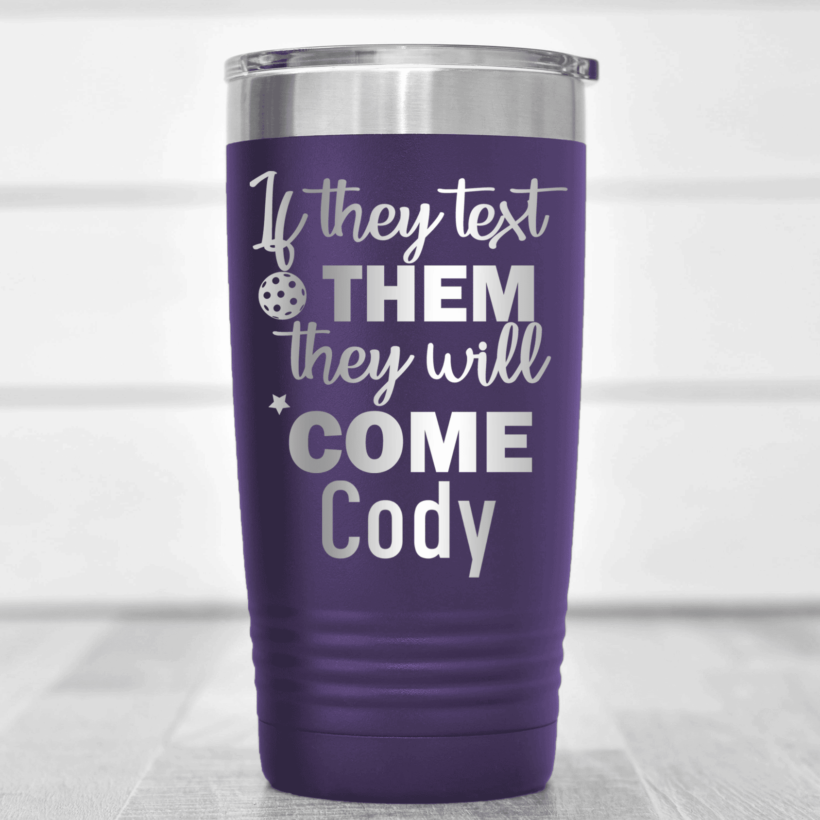 Purple Pickleball Tumbler With Text Pickle Design