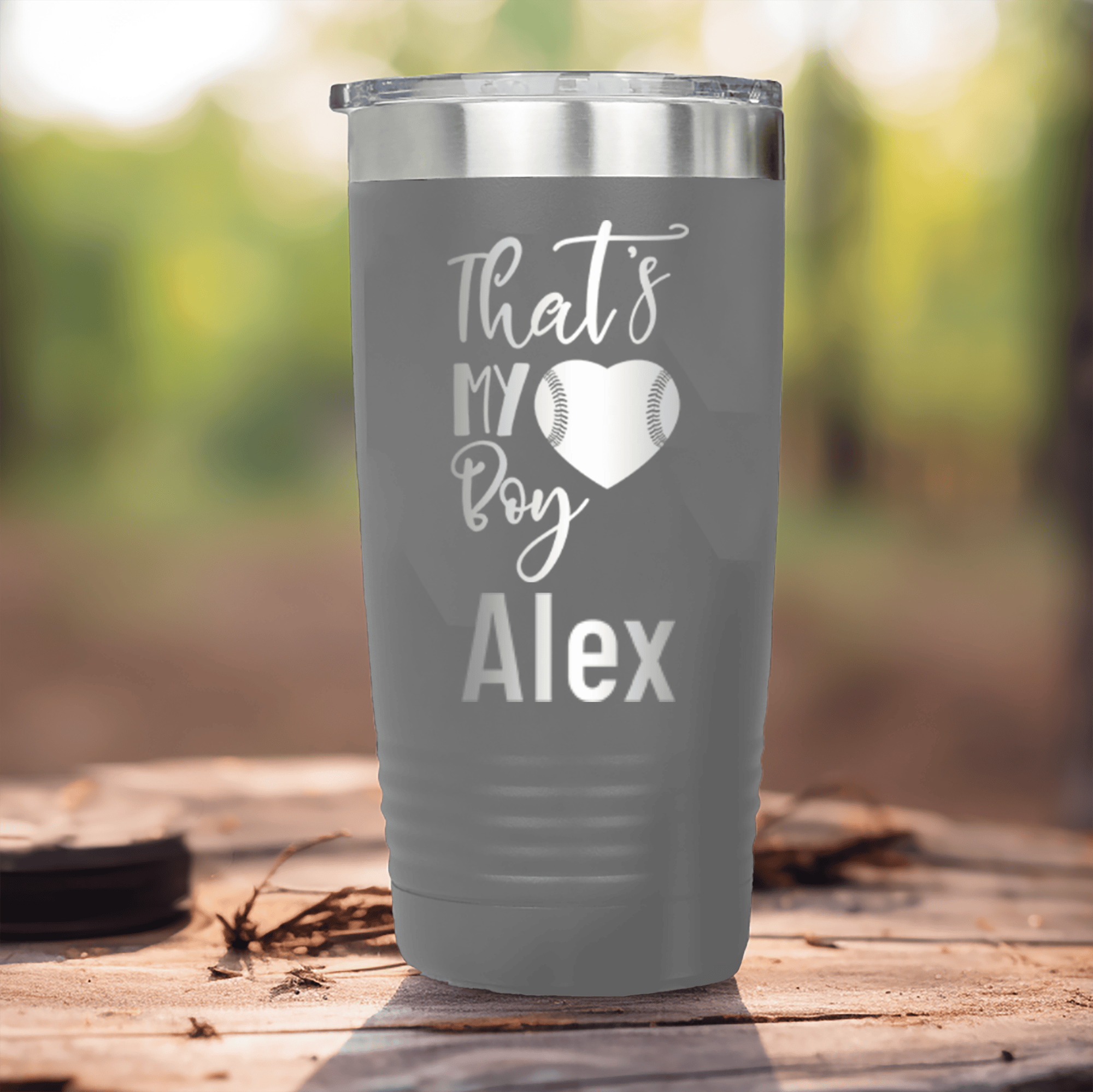 Grey Baseball Mom Tumbler With Thats My Baseball Boy Design