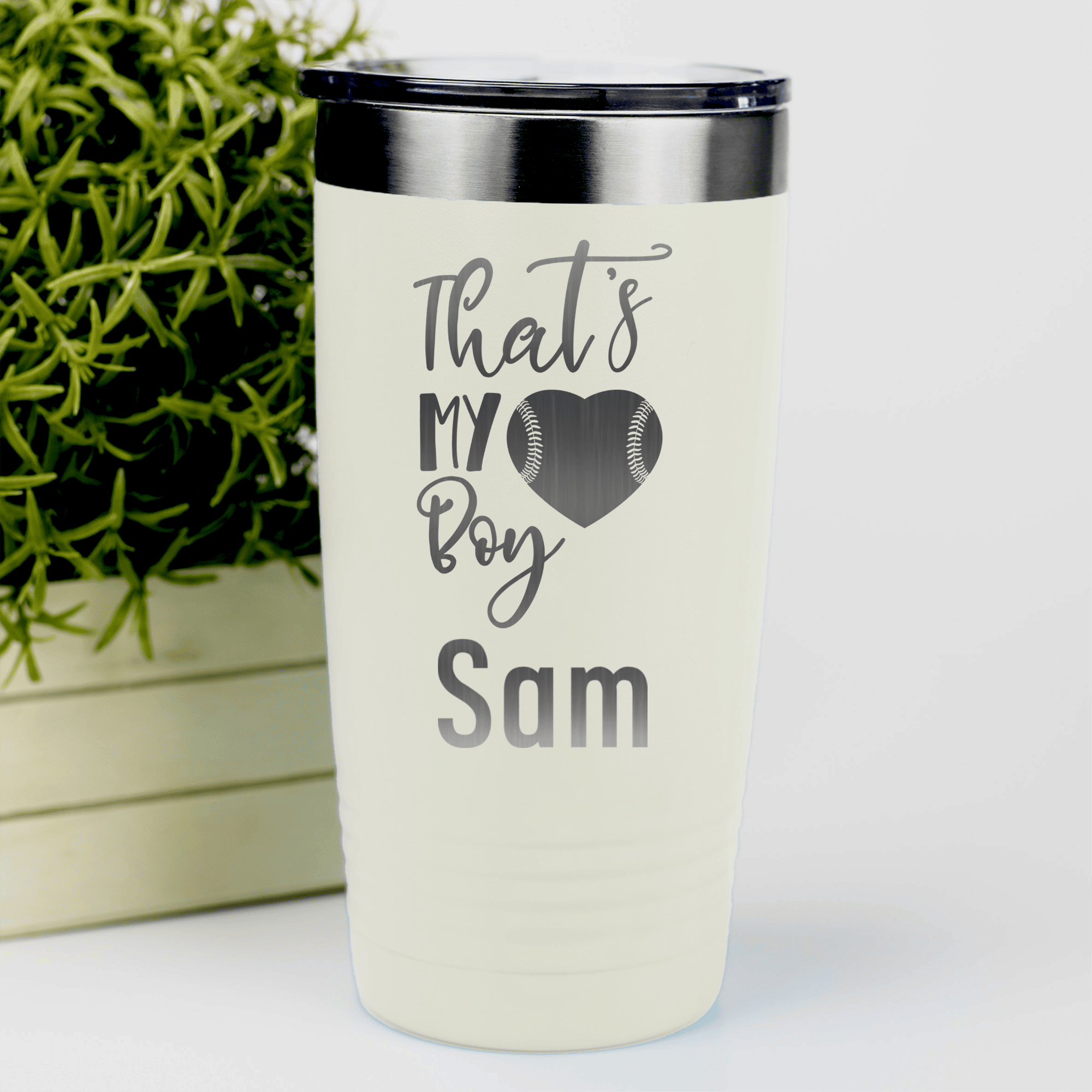 White Baseball Mom Tumbler With Thats My Baseball Boy Design