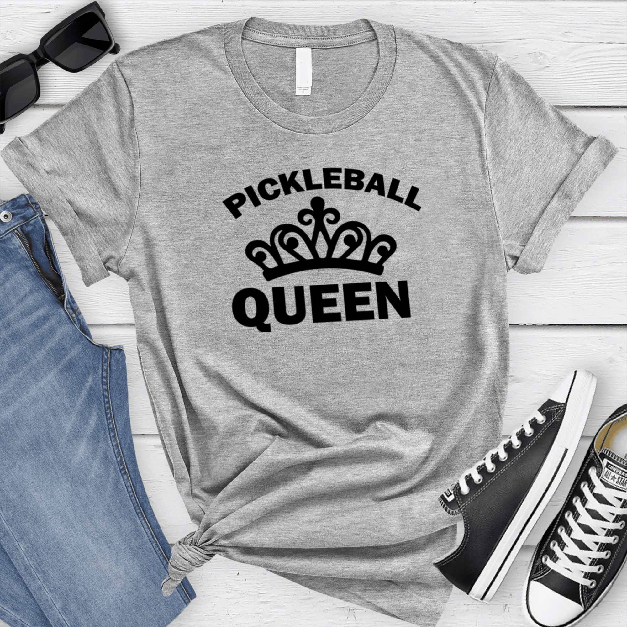 Womens Grey T Shirt with The-Pickleball-Queen design