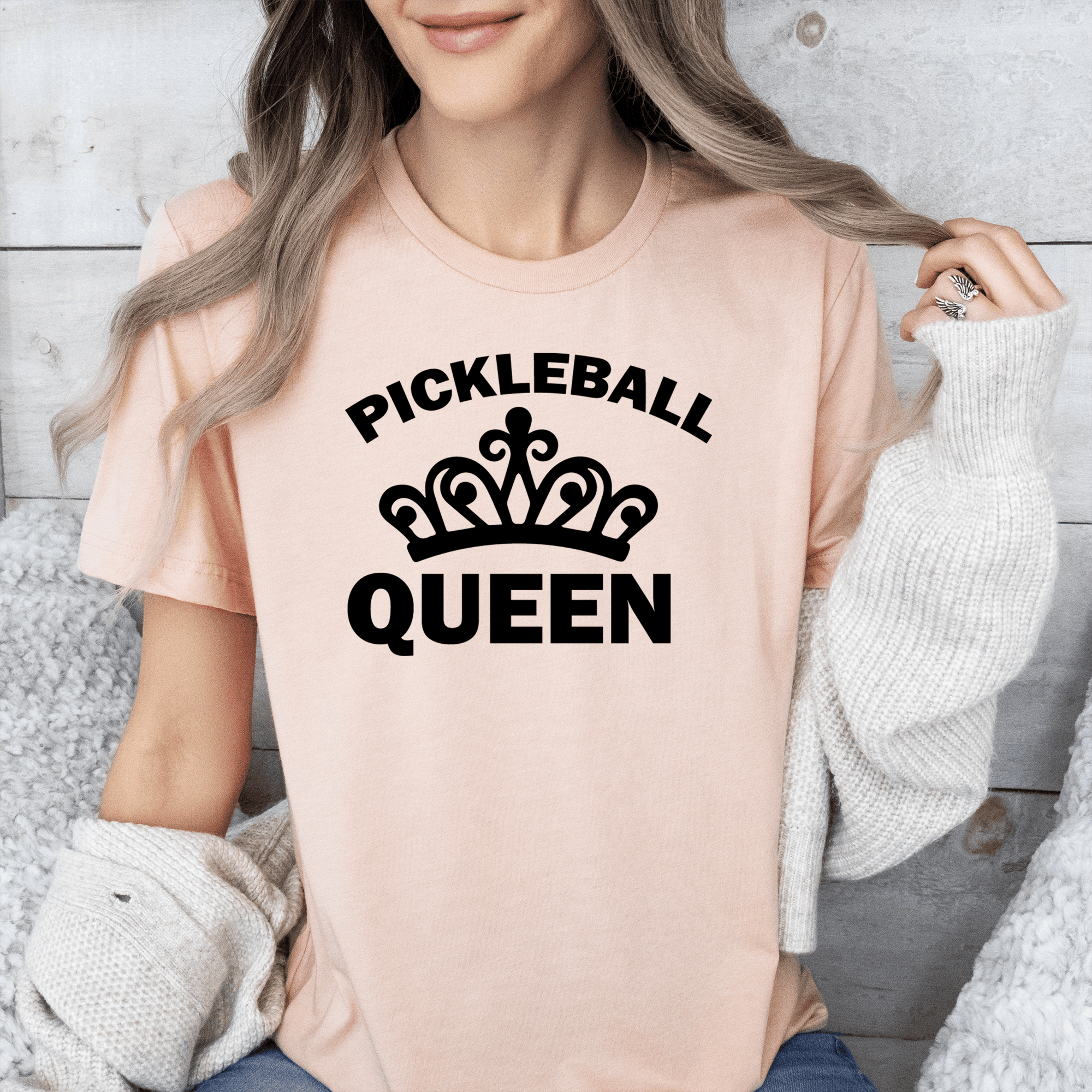 Womens Heather Peach T Shirt with The-Pickleball-Queen design
