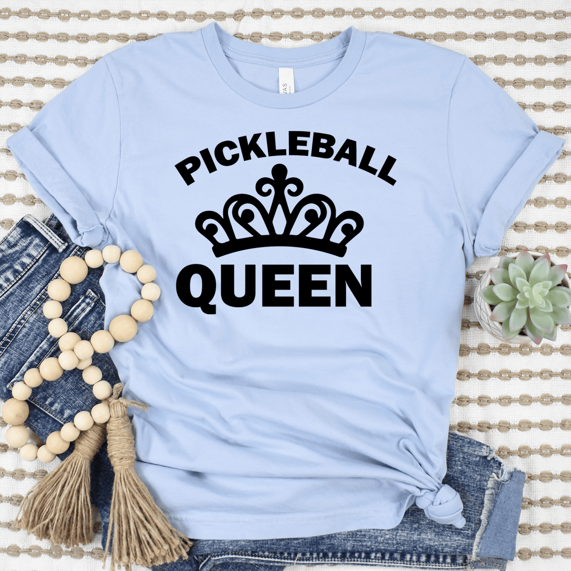 Womens Light Blue T Shirt with The-Pickleball-Queen design