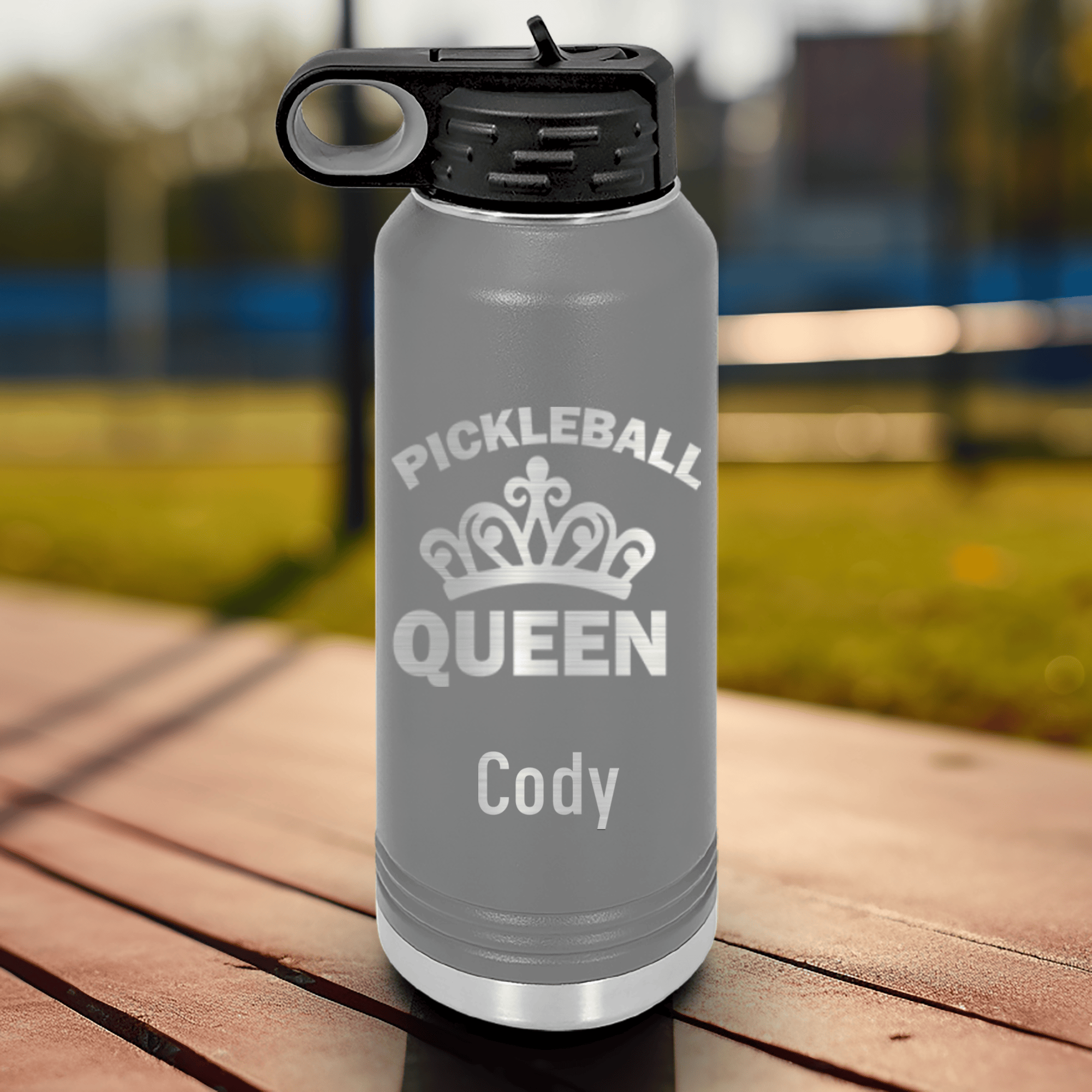 Grey Pickleball Water Bottle With The Pickleball Queen Design