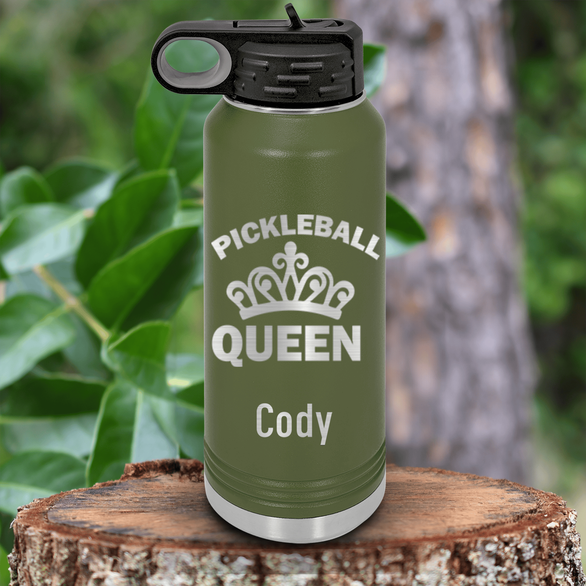 Military Green Pickleball Water Bottle With The Pickleball Queen Design