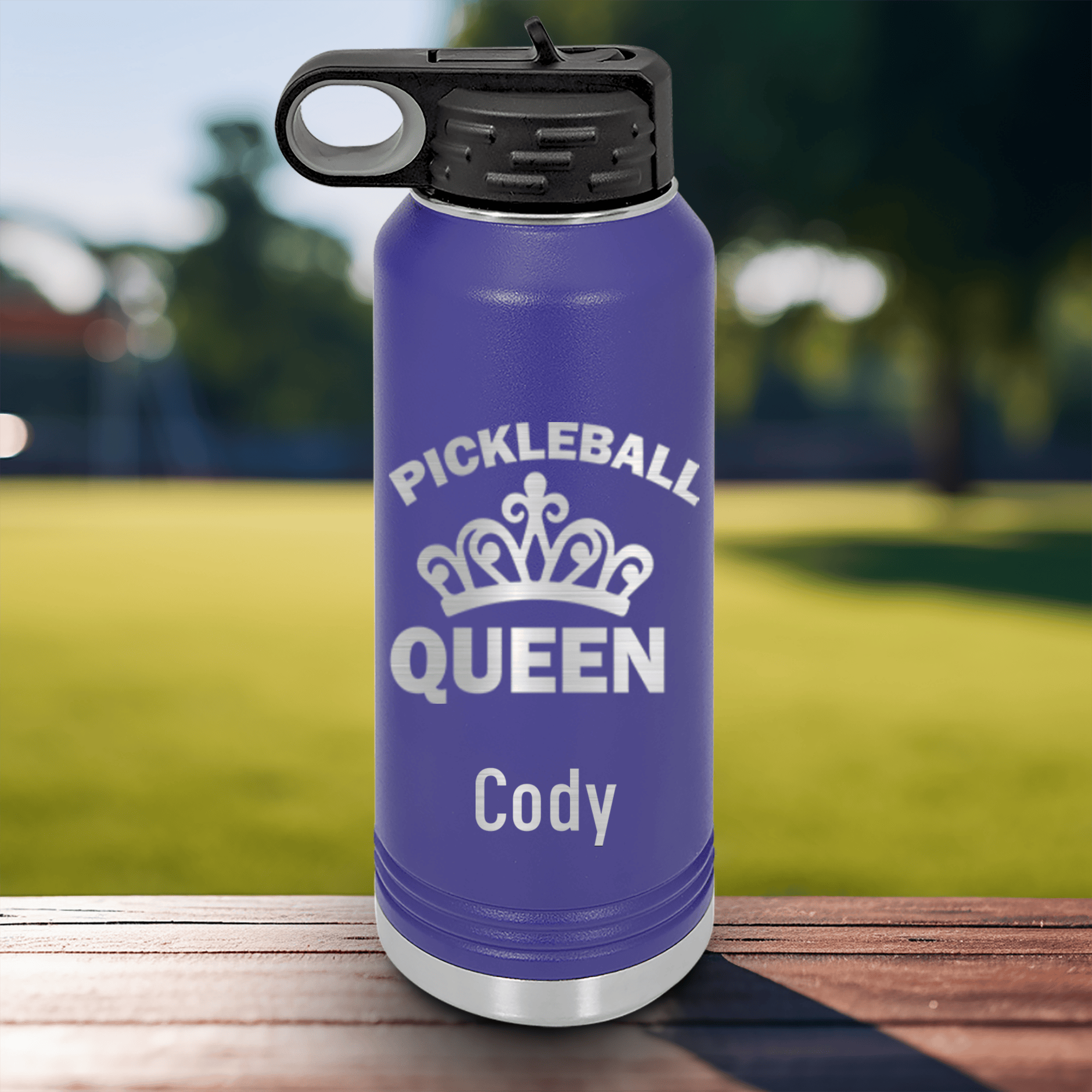 Purple Pickleball Water Bottle With The Pickleball Queen Design