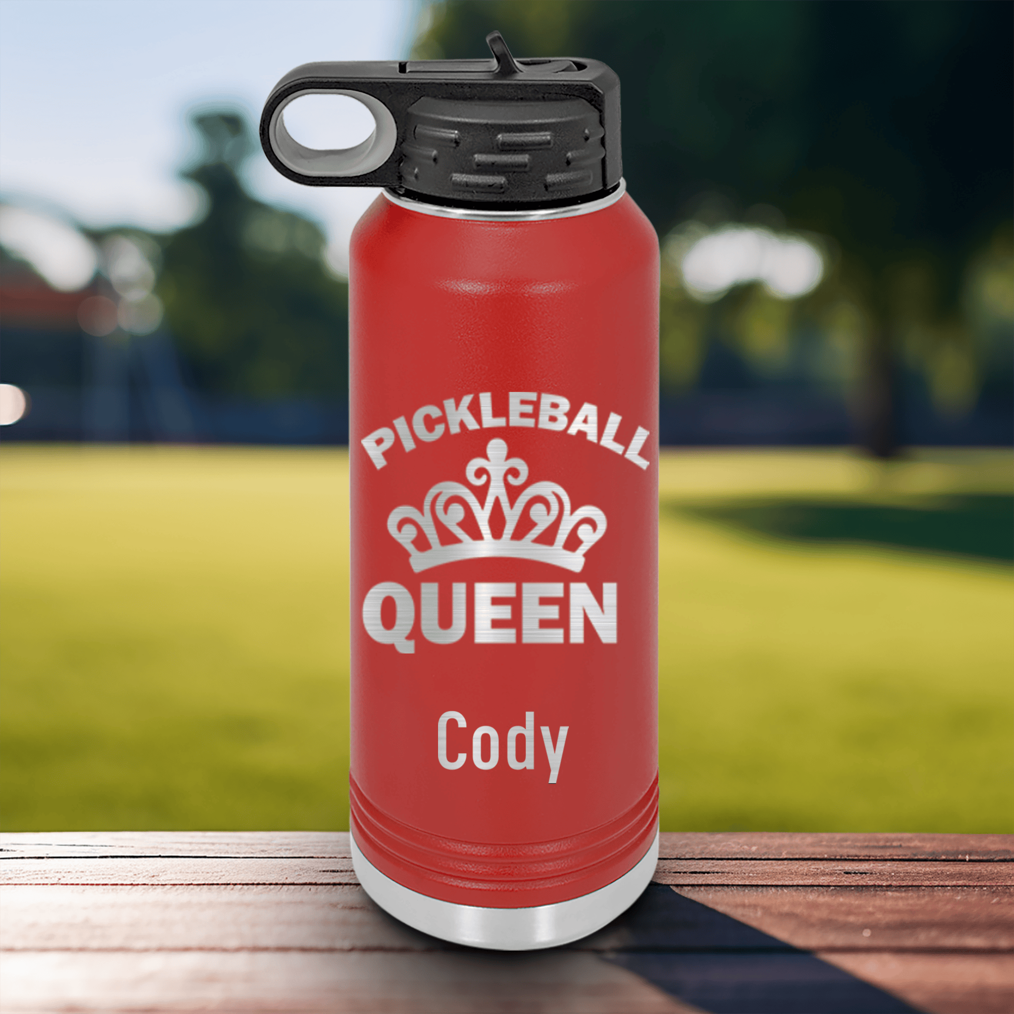 Red Pickleball Water Bottle With The Pickleball Queen Design