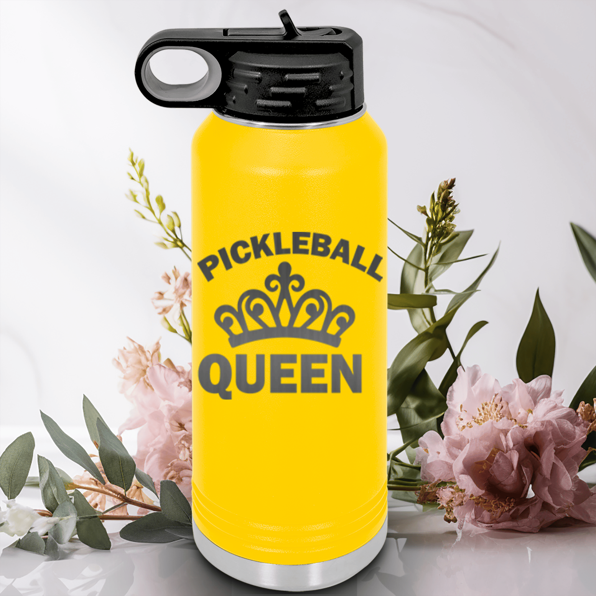 Yellow Pickleball Water Bottle With The Pickleball Queen Design