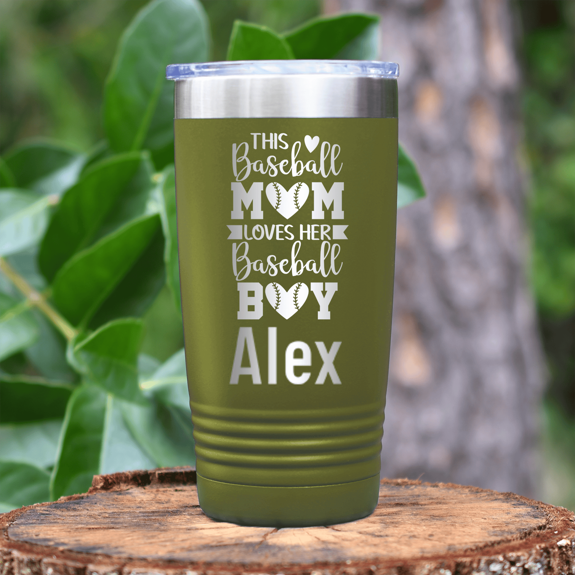 Military Green Baseball Mom Tumbler With This Baseball Mom Loves Her Son Design