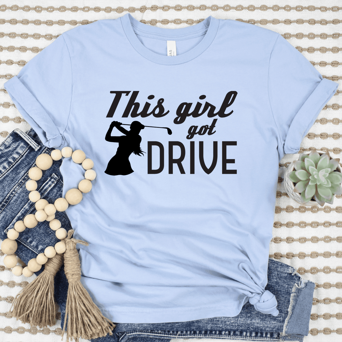 Womens Light Blue T Shirt with This-Girl-Can-Drive design