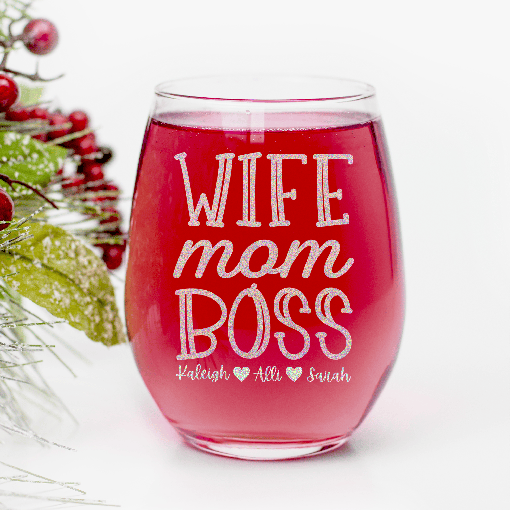 Wife Mom Boss Stemless Wine Glass