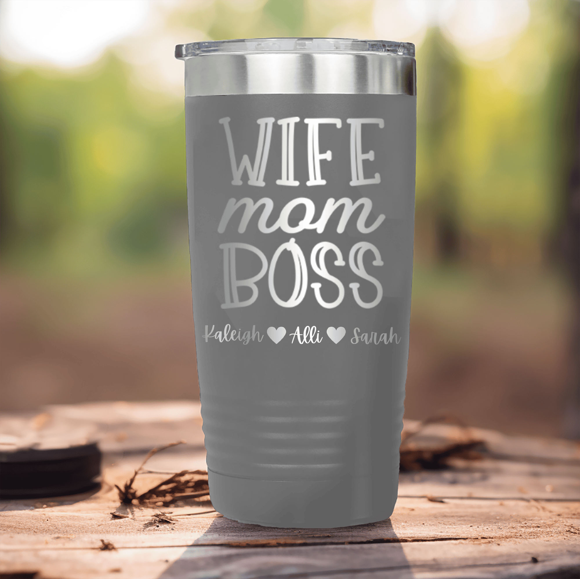 Grey Mothers Day Tumbler With Wife Mom Boss Design