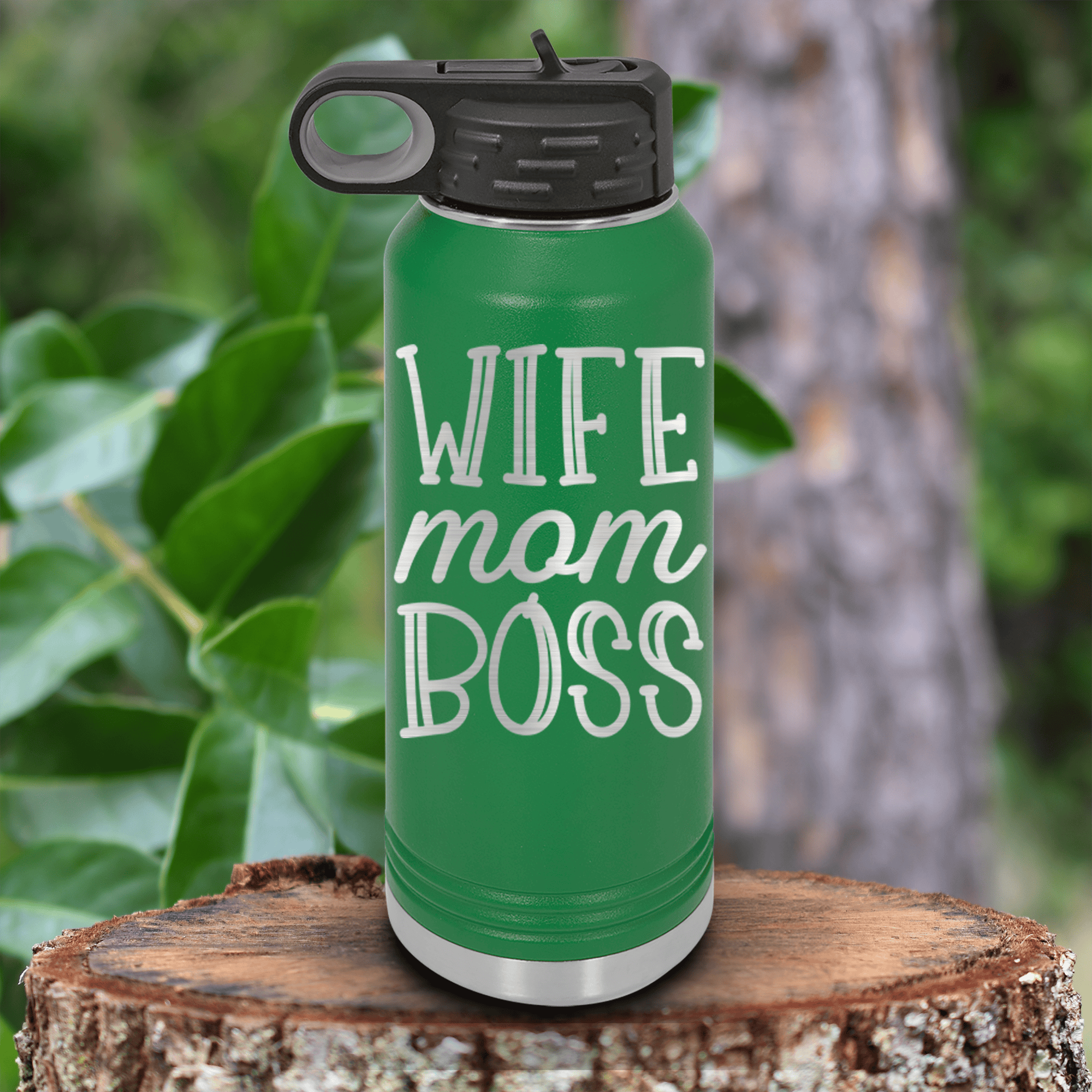 Green Mothers Day Water Bottle With Wife Mom Boss Design