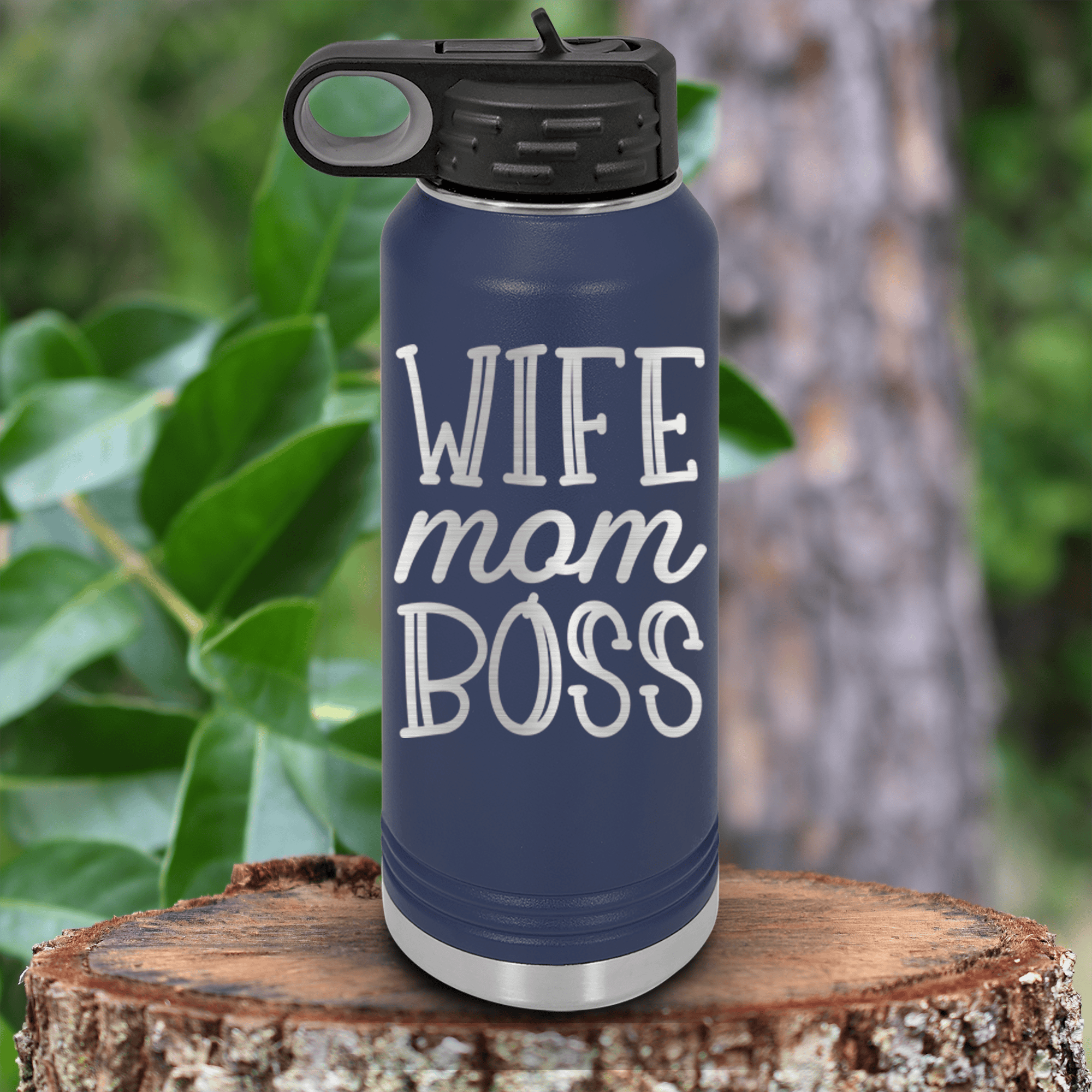 Navy Mothers Day Water Bottle With Wife Mom Boss Design