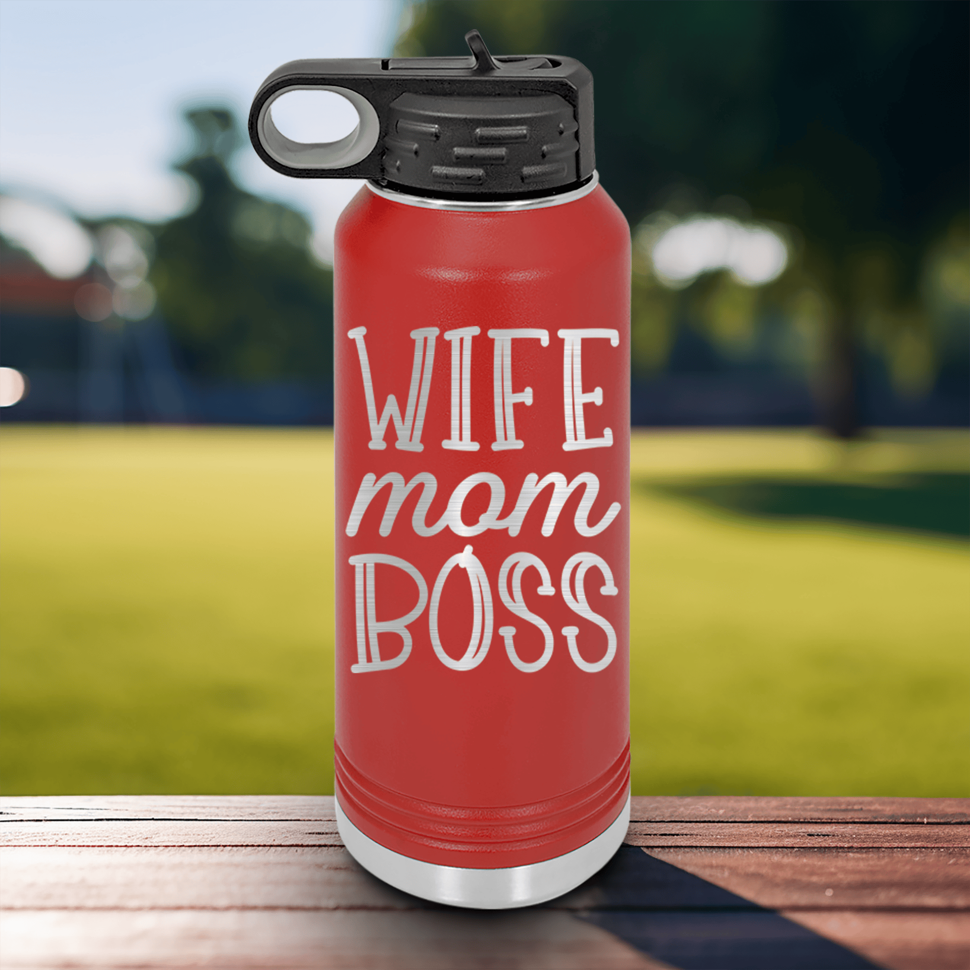 Red Mothers Day Water Bottle With Wife Mom Boss Design