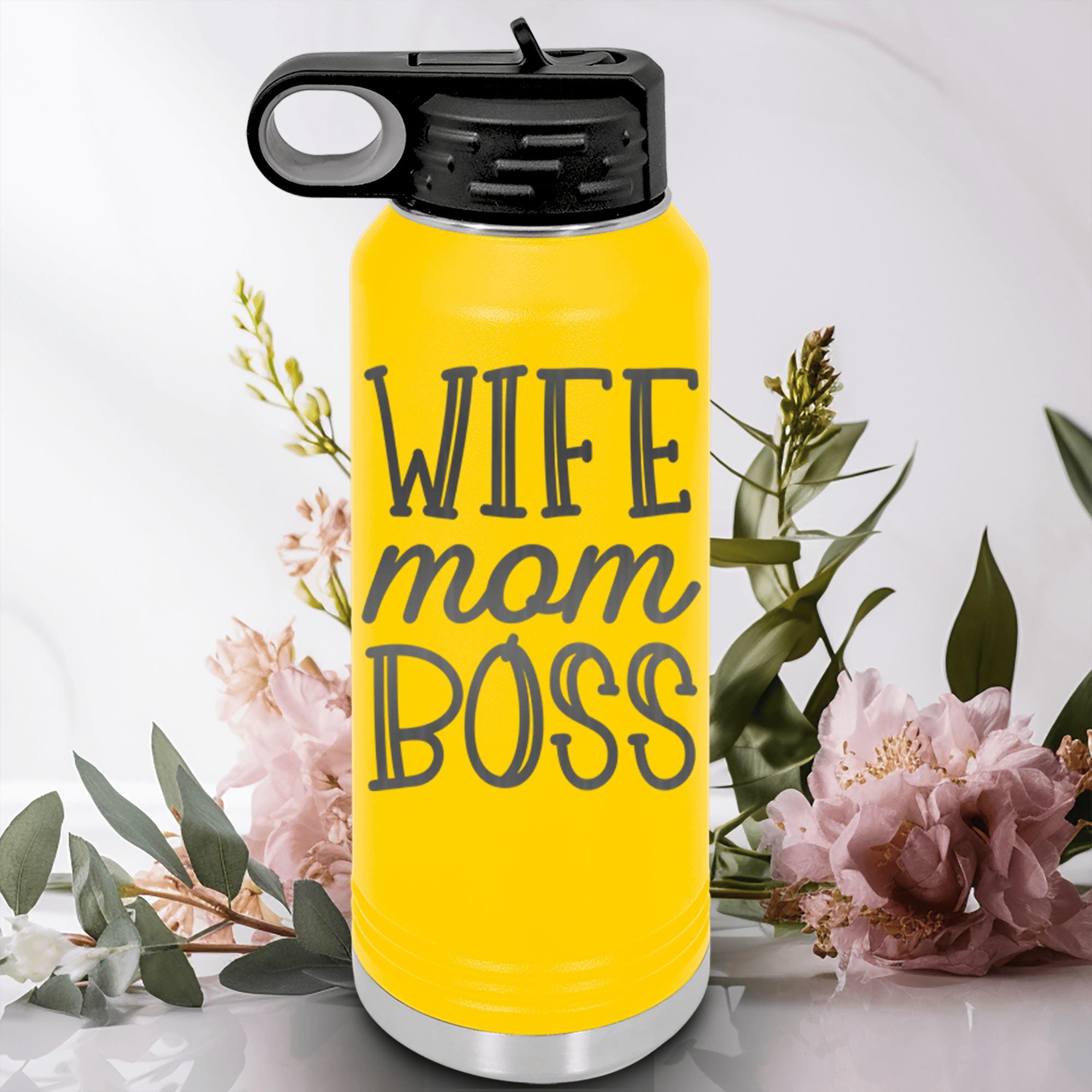 Yellow Mothers Day Water Bottle With Wife Mom Boss Design