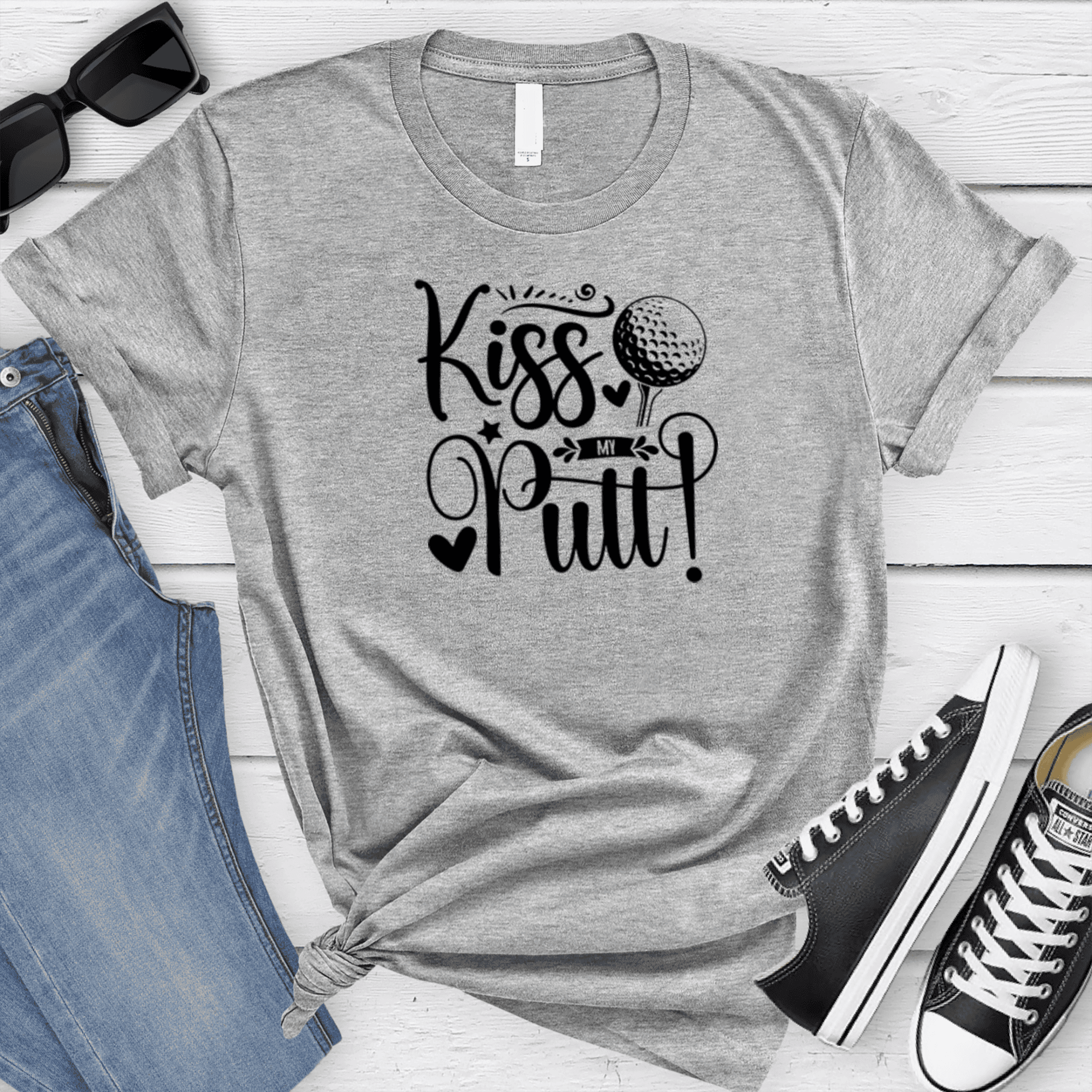 Womens Grey T Shirt with You-Can-Kiss-My-Putt design