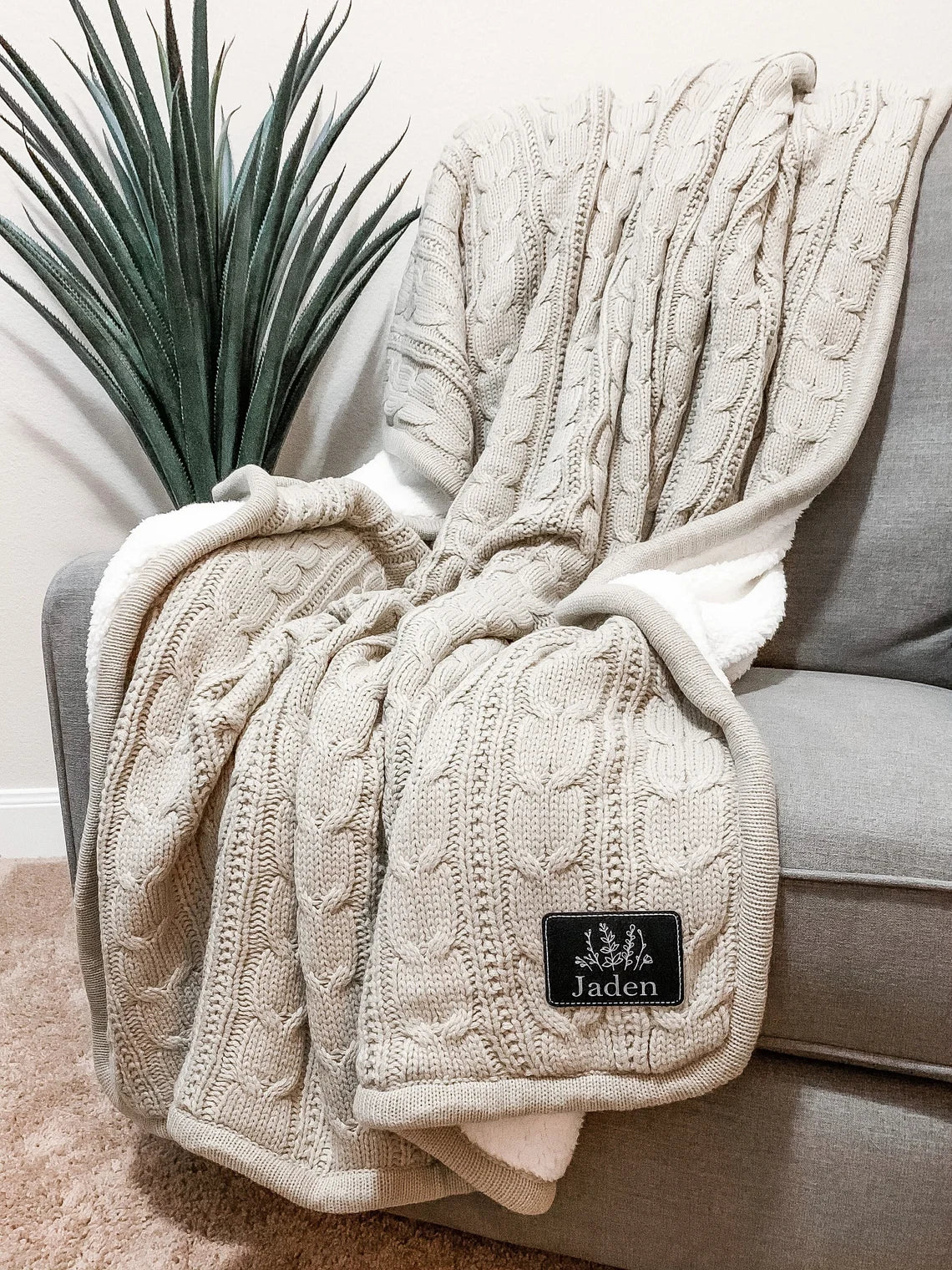 Personalized cable knit blanket with custom monogram