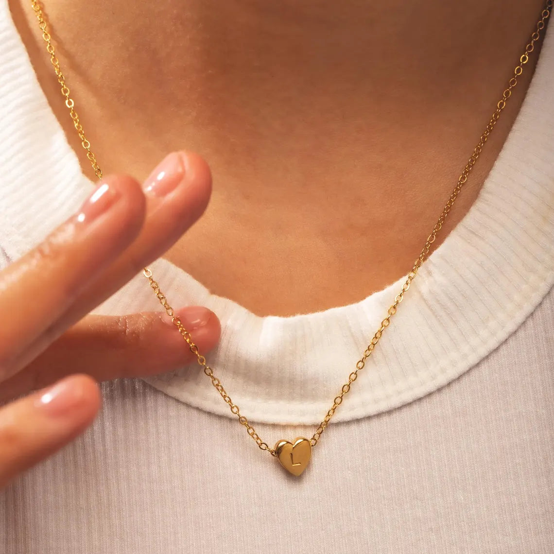 Hand-stamped personalized heart charm necklace in 16K Gold finish