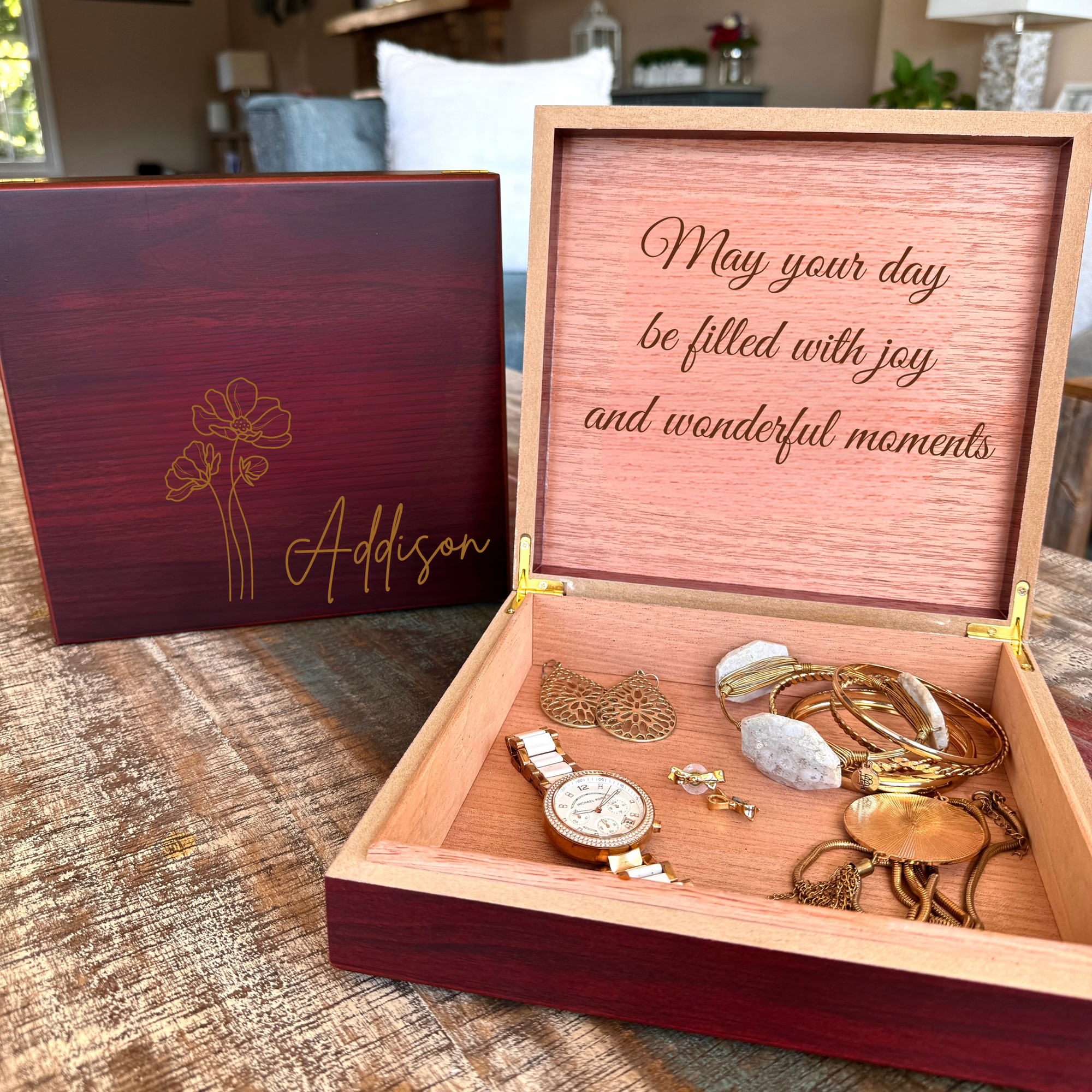 Cherry wood jewelry box with engraved birthflower, personalized name, and custom message inside lid