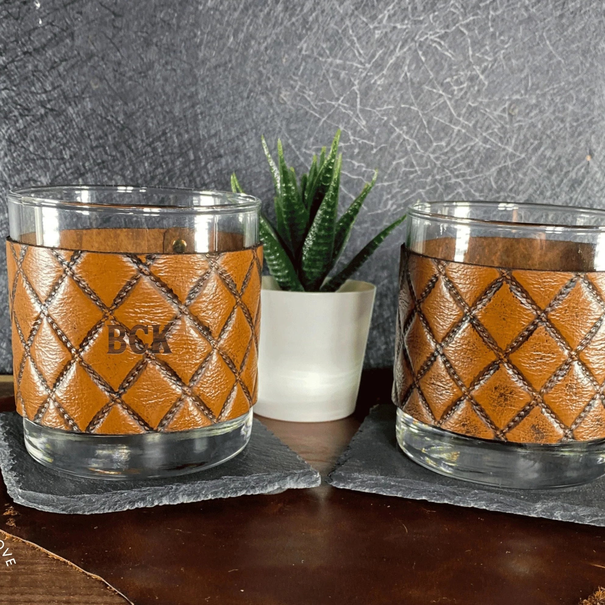 Whiskey Glass Quilt Hide Leather Wrapped Whiskey Glasses