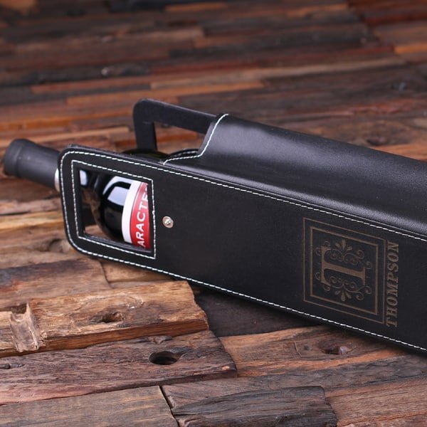 wine holder PERSONALIZED SINGLE BOTTLE WINE HOLDER/POUCH – BLACK LEATHER