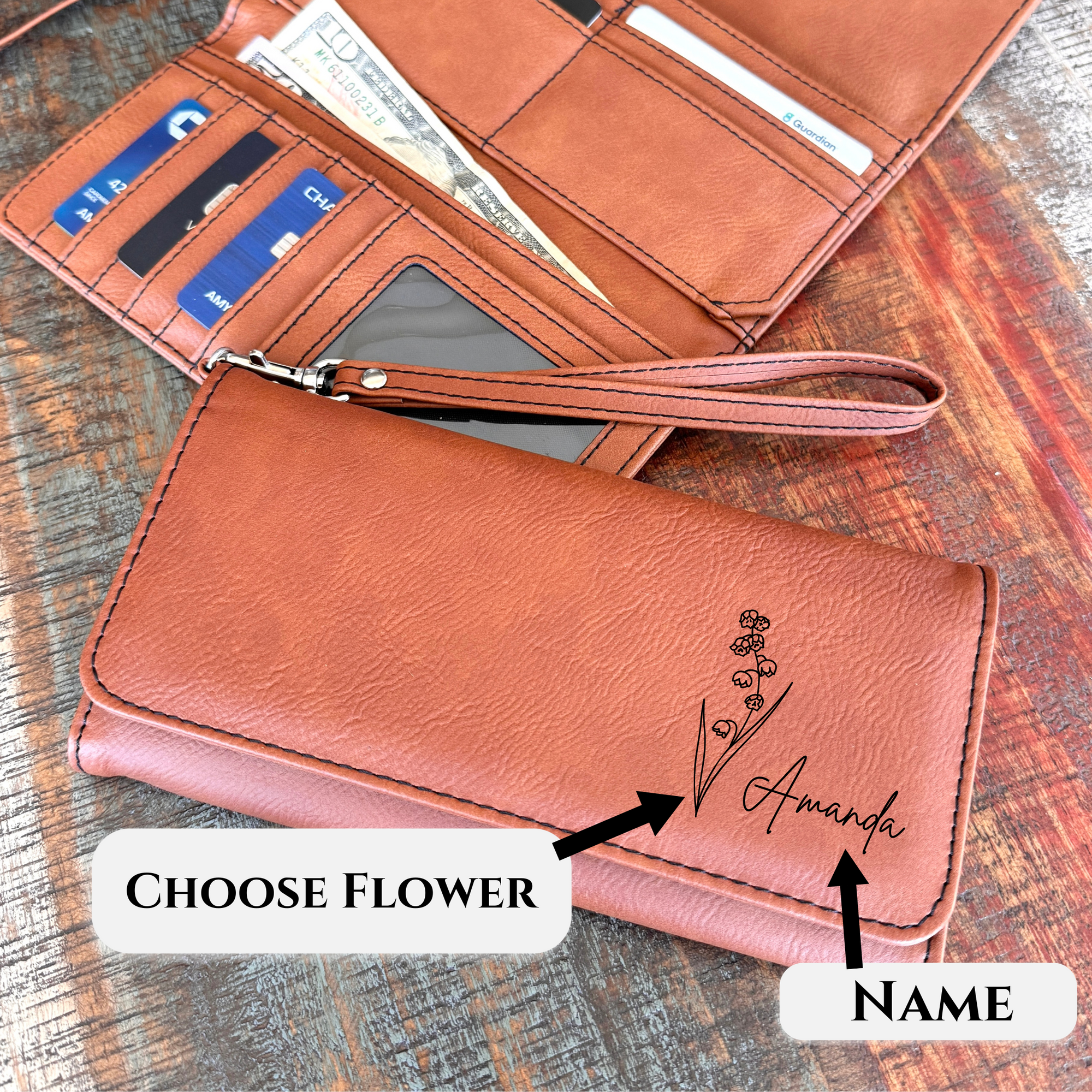 Leatherette Personalized Birth Flower Wristlet