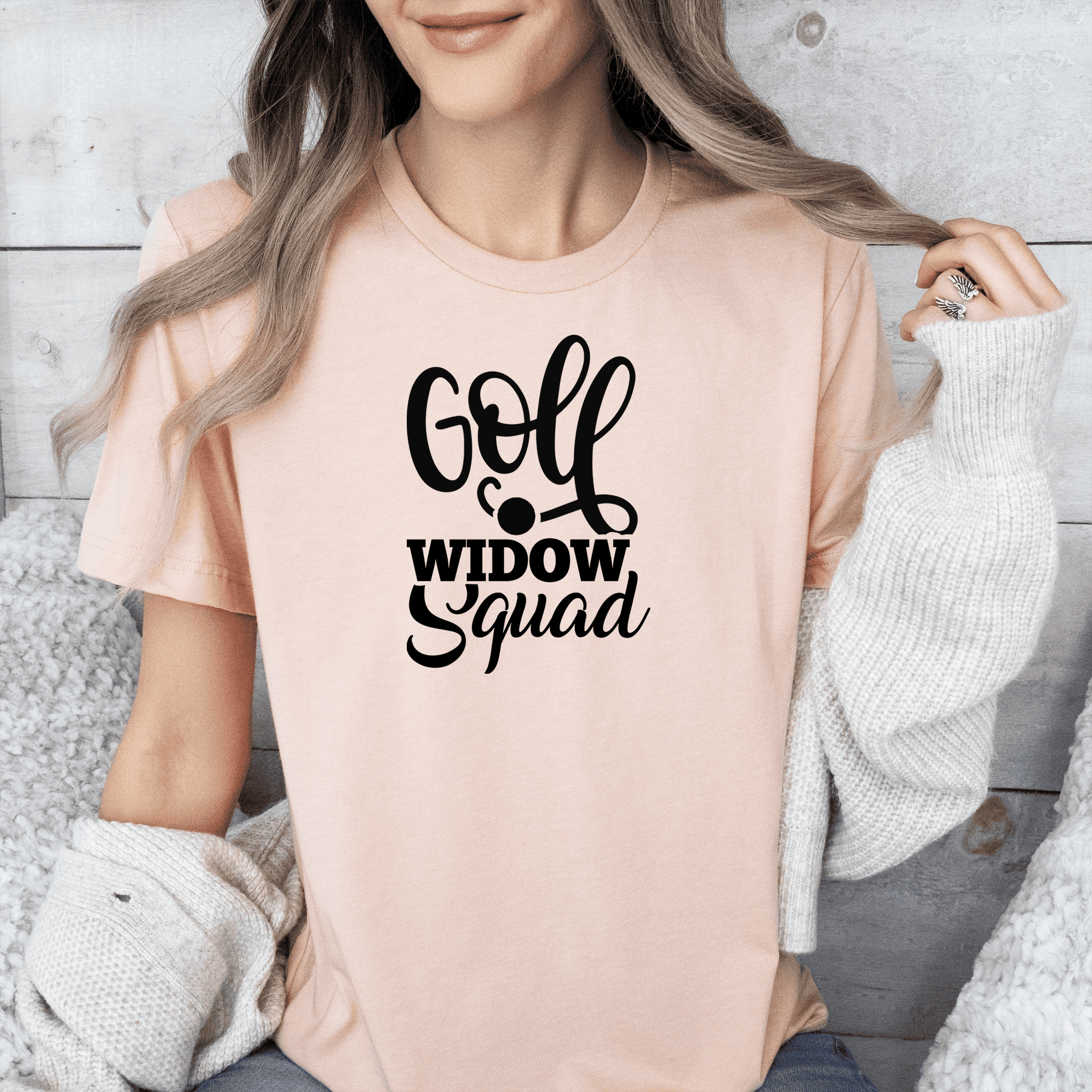 Womens Heather Peach T Shirt with Golf-Widow-Squad design