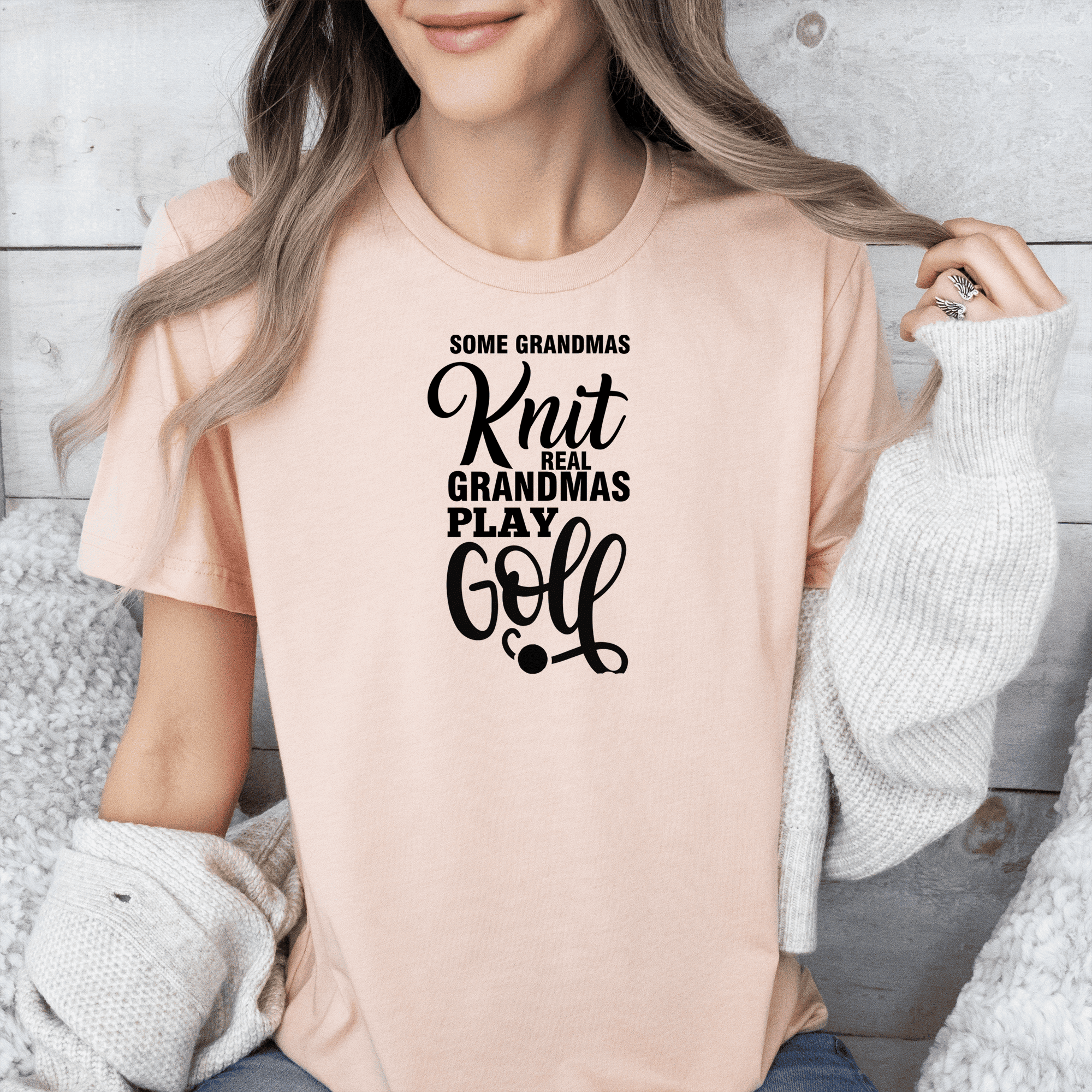 Womens Heather Peach T Shirt with Real-Ladies-Golf design