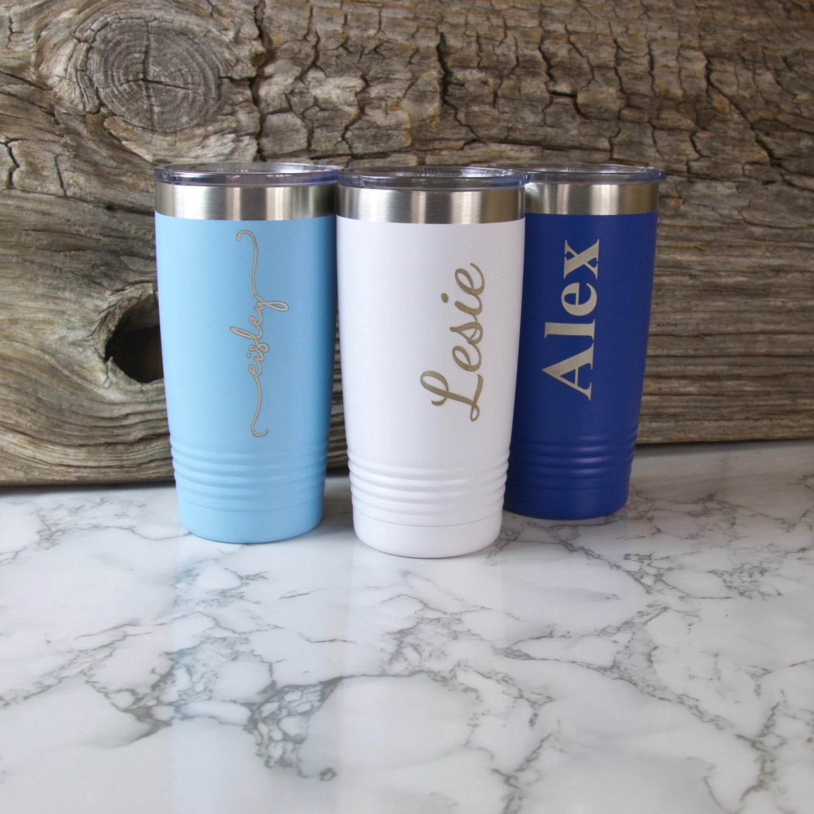 Custom Personalized and Engraved 15 oz Insulated Travel Tumbler Coffee Mug with Handle and Lid - Customized to Go Cup (Carolina Blue)